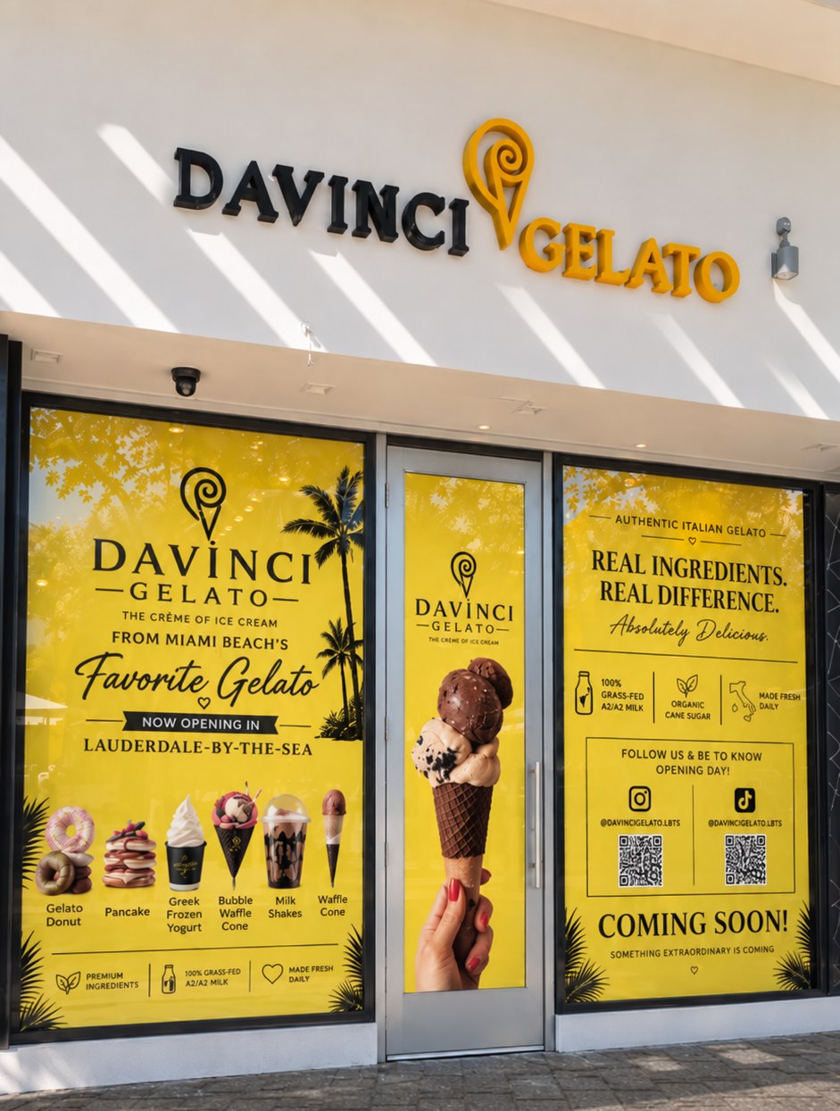 DaVinci Gelato storefront in Lauderdale-by-the-Sea with yellow coming soon window signs