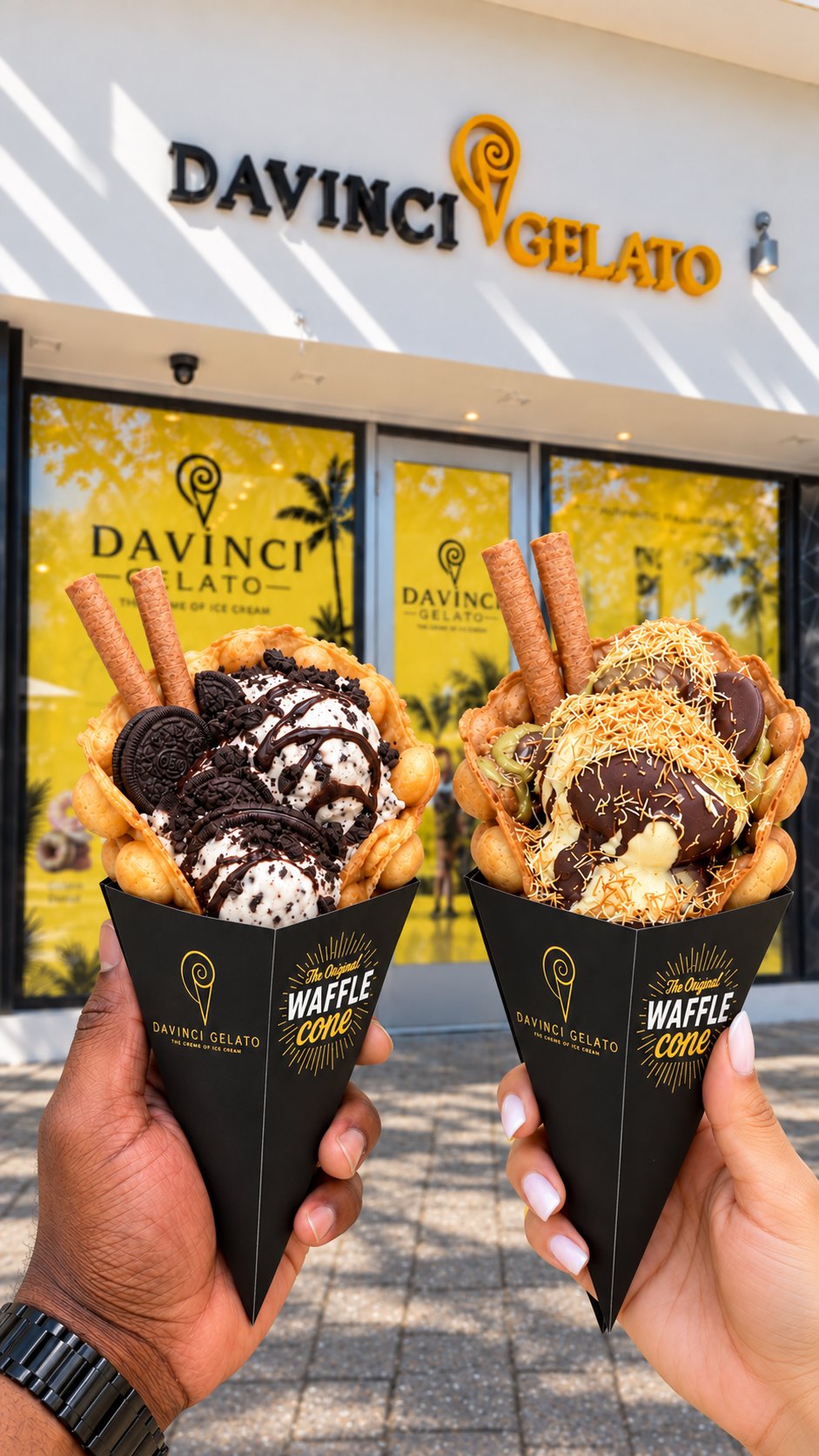 Two bubble waffle cones filled with gelato held up in front of the DaVinci Gelato storefront